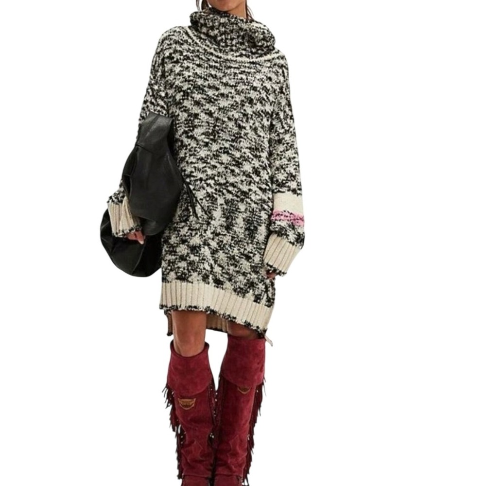 Free People Winter Storm‎ Tunic Sweater Black White Pink Space Dye Womens Small